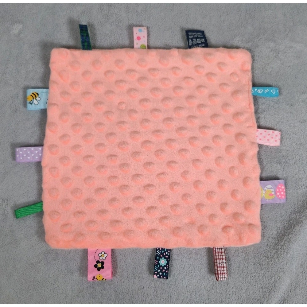 Insular‎ Coral Minky Dots Velour Ribbon Tags Security Blanket Lovey 9x9.5"